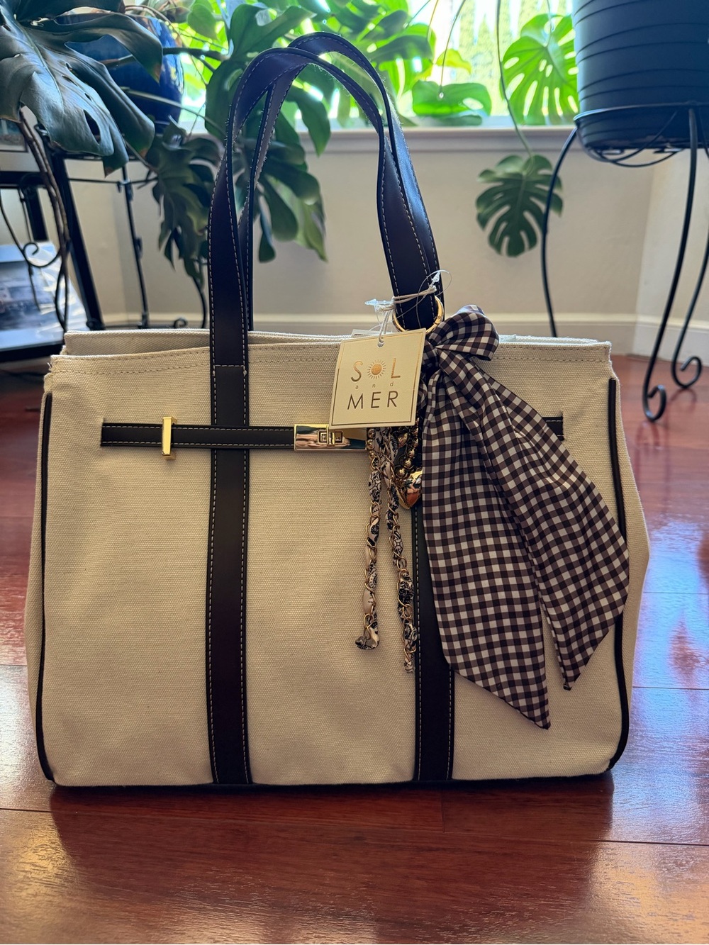 NEW WITH TAGS- Sol Mer Canvas Tote with Chocolate Trim & Gingham Scarf